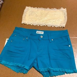 Roxy blue shorts with a lace bando.**NEVER WORN & WILL SELL SEPARATE**